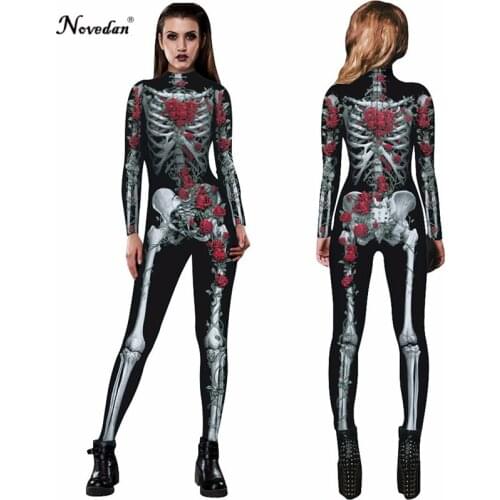 2020 New Women Sexy Bodysuits Halloween Costumes For Women 3D Skull Rose Printing Jumpsuits Scary Skeleton Macacao Feminino