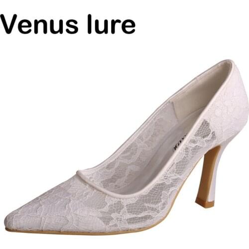 Pointed Toe White Lace Heels for Women Dressy Shoes for Wedding