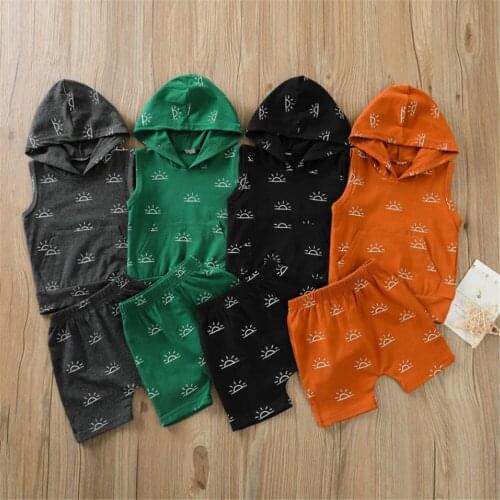1-4Y Cotton Casual Summer Newborn Baby Boys Girls Outfits Suit Sun Print Sleeveless Hooded Tops+Shorts 2Pcs Kids Tracksuits