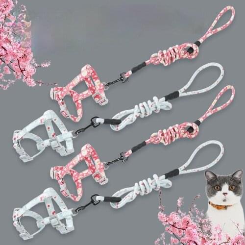 Dog Pet Puppy Cat Adjustable Harness Leash Chain Collars Interactive Toy Japanese Flowers Style