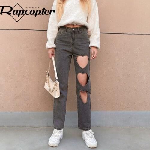 Rapcopter Heart Cut Out Jeans y2k Vintage Cargo Pants Gray Denim Trousers Fashion Streetwear Women Hot Joggers 2021 90S Capris