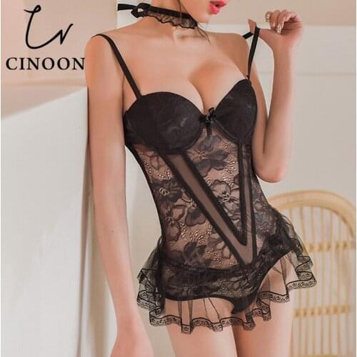 CINOON Sexy Corset Lace Breathable Bustier Deep V Lingerie Push Up Sleepwear Embroidered Floral Top Black Corset Dress