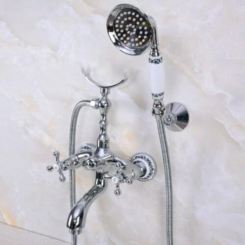 Modern Wall Mount Polished Chrome Brass Bathroom Tub Faucet Clawfoot Hand Shower Mixer Tap Telephone Shape Hand Spray ana235