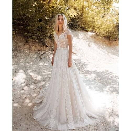 Wedding Dress Champagne Sheer Scoop Neck Exqusite France Lace with Beading Belt Bridal Gown Vestidos De Novias Court Train 2021