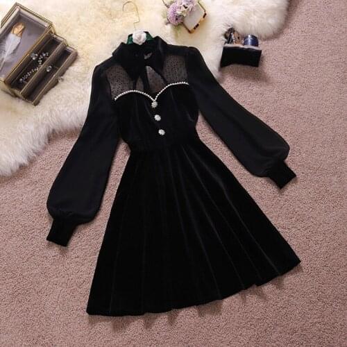 Light cooked style velvet little black dress 2021 new wave point stand collar hollow lantern sleeve all-match dress female