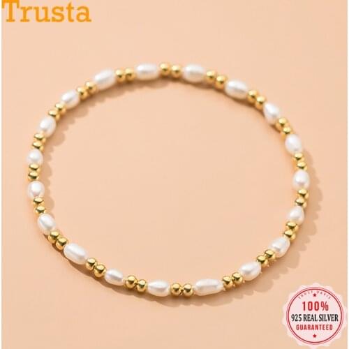 TrustDavis Real 925 Sterling Silver Sweet Elastic Gold Beads Freshwater Pearl Bracelet for Women Anniversary Fine Jewelry DA2059