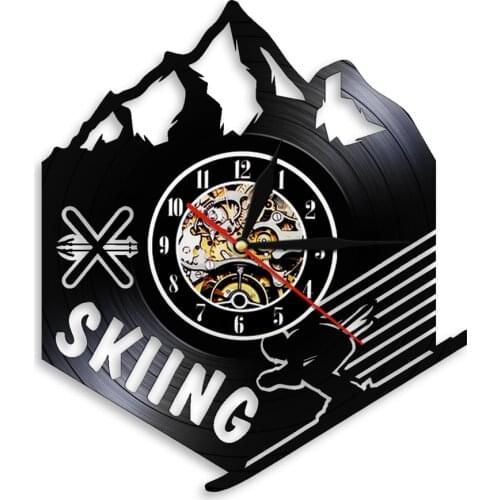 Ski Decor Vinyl Record Clock Mountain Ski Wall Clock Watches Skiing Wall Art Decor Modern Design For Living Room Bedroom