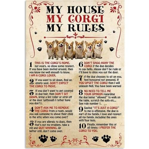 Vintage Tin Poster My House My Corgi My Rules Metal Plate Metal Tin Sign Retro Art Home Kitchen Bar Restaurant Garden20x30cm