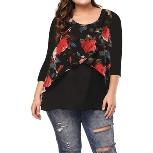 5XL Plus Size Lace Detail Floral Print T Shirt Round Neck Patchwork Tops Loose Ladies Tee Casual Three Quarter Sleeve Streetwear
