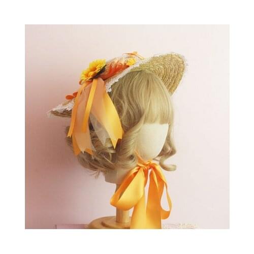 Womens Gorgeous Bow Lace Beach Cap Flat hat HeadwearTea Party Lolita Princess Handwork Sunflower Straw Hat Small Thing Vintage
