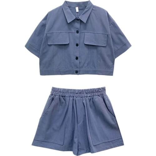 Women Sets Short Sleeve Turn-down Collar Shirts+ Elastic Waist Shorts Womens High Street Harajuku Solid Streetwear Casual 2 pecs