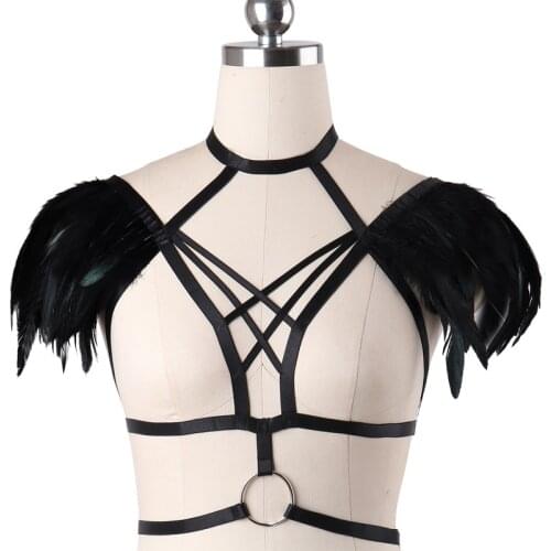 Rave Wear Feathers Epaulette Cage Bra Womens Feathers Gothic Body Harness Belt Sexy Fetish Angel Wings Bondage Harness Lingerie