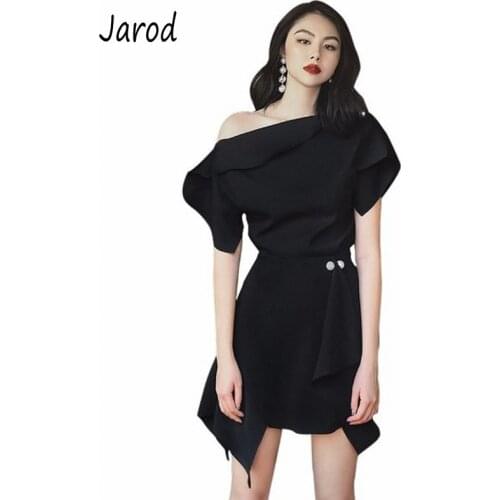 New 2019 Summer Women Runway 2 PCS Set Sexy Fashion Black Ruffles Off Shoulder Shirt Tops + Beading irregular Skirts Set