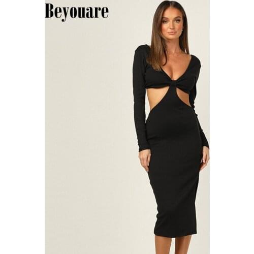 Beyouare Sexy Hollow Out V Neck Midi Dress Women Long Sleeve Backless Slim Skinny Elegant Dresses Autumn Daily Wear Streetwear