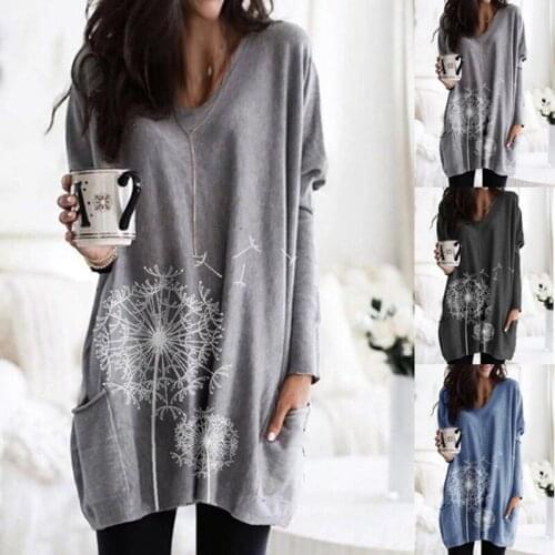 Women Spring Autumn Pocket Long Tops O-neck Long Sleeve Dandelion Print Loose Casual Dress