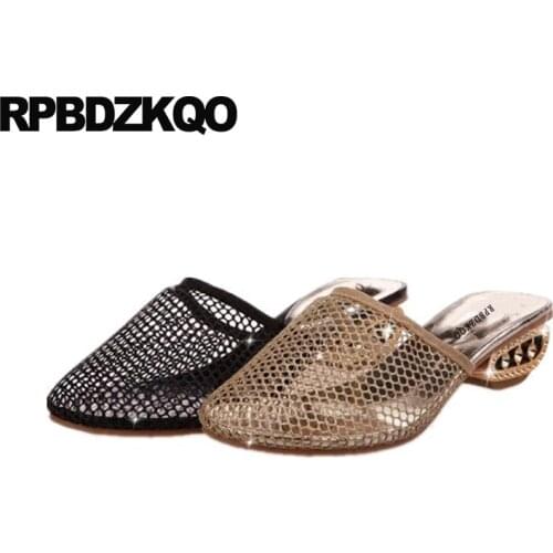 Pumps Closed Toe Block Crystal Diamond Mules Gold Shoes Low Heel Slides Nice Rhinestone Women Sandals 2018 Summer Slippers Mesh