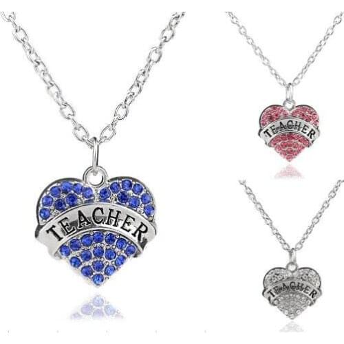 5PCS/lot Clear Pink Blue Rhinestones Engraved Teacher Pendant Necklace Fashion Jewelrys For Women Gifts