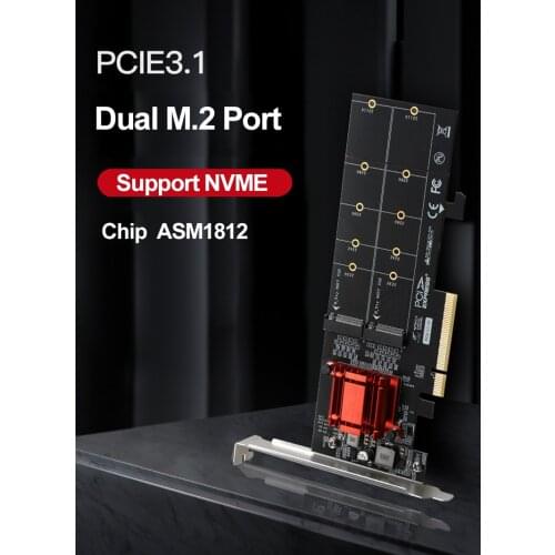 PCIe 3.1 X8 Chip ASM1812 To 2 Port M.2 NVMe SSD Adapter Expansion Card Dual M key Nvme Converter Extension Riser M2 To Pcie