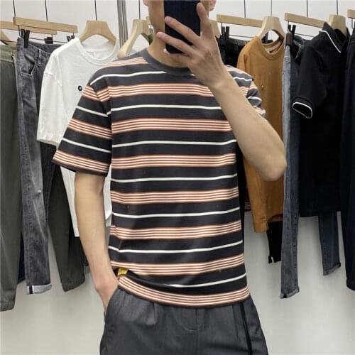 American casual slightly loose striped short sleeve t-shirt mens 2021 summer new cotton stretch round neck half sleeve t-shirt