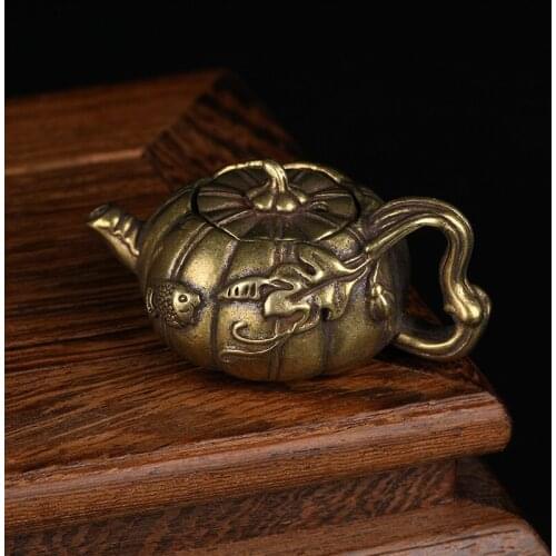 Antique Mini Copper Teapot Figurines Carp Lotus Sculpture Pot Water Drop Fortune Crafts Lucky Home Office Decoration Ornaments