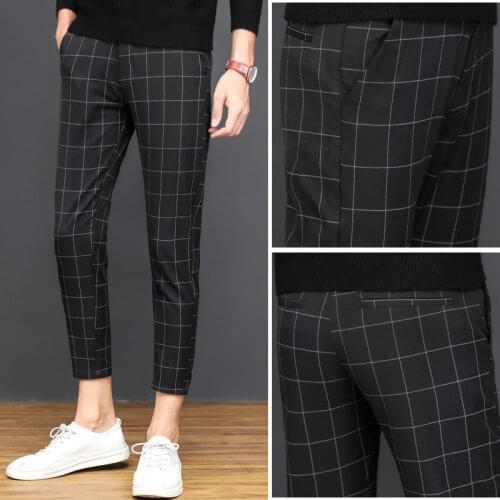 Men Pencil Pants 2020 Summer Stripe Plaid Pants Male Korean Fashion Capri-Pants Slim Fit Pants Slacks Thin Aesthetic Plaid Pants
