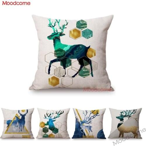 Nordic Metallic Geometric Blue Deer Home Decorative Sofa Throw Pillow Case Concise Scandinavian Style Cotton Linen Cushion Cover