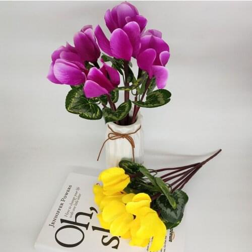 7 Heads Artificial Flowers Cyclamen Silk Plastic Flowers with Green Leaves Fake Plant Small Bulb Wedding Home Table Party Decor