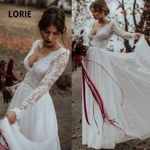 LORIE Long Sleeve Lace Beach Wedding Dress Illusion V-neck Backless Soft Tulle Bridal Gowns A-line Princess vestido de noiva