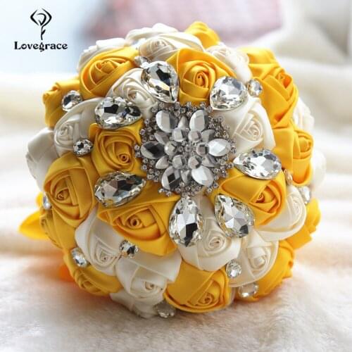 Lovegrace Wedding Bouquet Silk Roses Rhinestone Bridal Bridesmaid Bouquets Red Flowers Artificial Mariage Home Decoration Flower