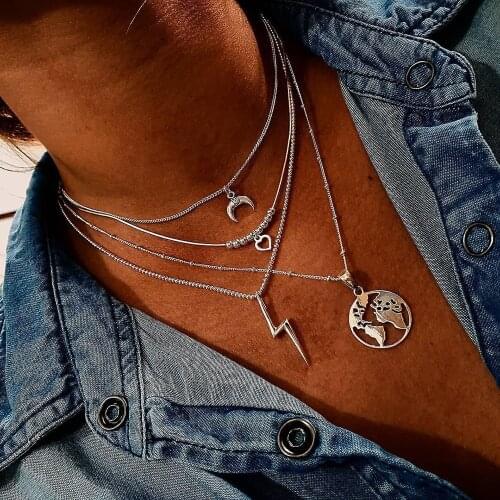 Fashion Multilevel Necklaces For Women Hollow Earth Heart Moon Lightning Pendant Necklace 2020 Female Boho Jewelry Gift