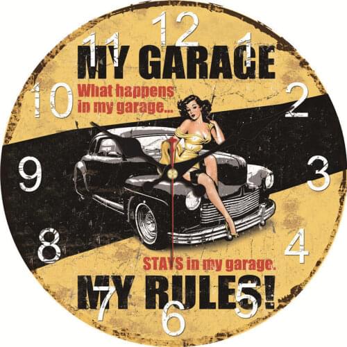 Vintage Wooden Women Car No Ticking Wall Clock My Garage My Rules Decorative Wall Clock, Non-Ticking Silent