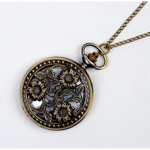 Nostalgia Retro Three Lotus Pocket Watch Fashion Personality Chain Classic Retro Pocket Watch With Necklace 8180