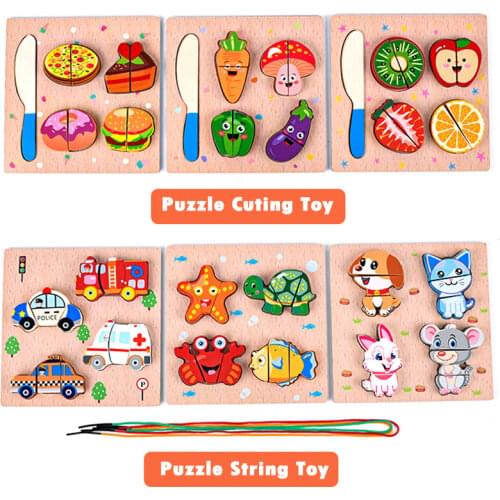 NEW Kids 3D Puzzle Beads Play House Montessori Wooden Cuting Beaded Puzzle Toy Early Education Cut Fruits Vegetables Traffic Toy