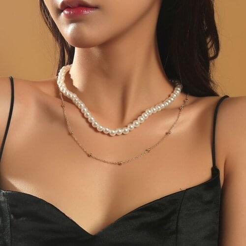 2 Pcs/Set Simple Ladies White Pearl Chokers Necklaces For Women Girls Fashion Gold Color Metal Beaded Chain Necklace Jewelry