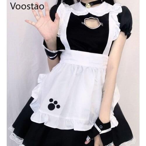 Japanese Cute Cat Lolita Dress Women Victorian Gothic Dark Puff Sleeve Slim Party Dress Vintage Girls Sweet Apron Maid Dresses