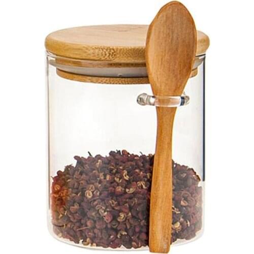 Sugar Bowl with Bamboo Lid and Spoon Clear Glass Canister Jar for Kitchen Storag