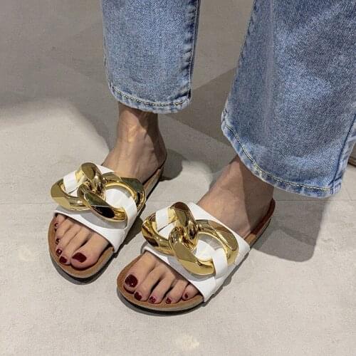 Women Slippers 2021 Summer Fashion Metal Chain Sandals Women Outdoor Closed Toe Flat Slippers Beach Platform Sandals Plus Size