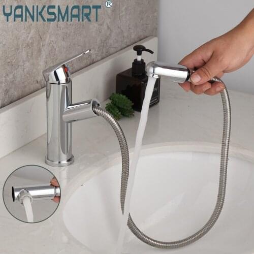 YANKSMART Bathroom Faucet Single Handle Pull Out Spray Basin Sink Faucet Crane Deck Mount Single Hole Hot & Cold Mixer Water Tap