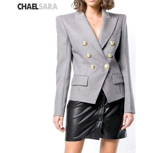 Vintage Double Breasted Gray Women Blazer Pockets Jackets Female Retro Suits Coat Feminino blazers Outerwear High Quality
