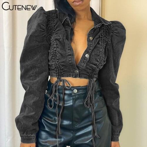 Cutenew Pleated Button Jeans Jacket Womens Spring Autumn Active Street Style Selling Drawstring Fashion Denim Mujer Jacket Tops