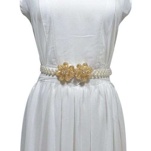 Womans summer sweet stunning vintage retro crystal rhinestone pearl flower buckle belt for dress shirt