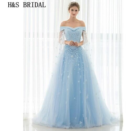 H&S Off Shoulder Blue long prom dresses With Shawl Lace Up Evening Gown Lace Applique Crystal Pearls Beaded Cheap Evening Dress