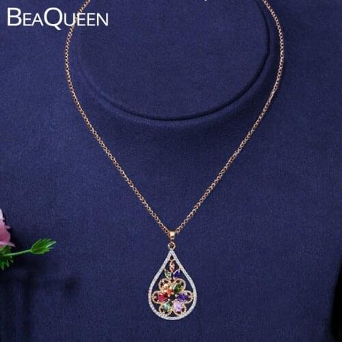 BeaQueen Big Pear Shape Colorful Cubic Zirconia Flower Necklaces & Pendants Multicolor Crystal Vintage Jewelry for Women N005