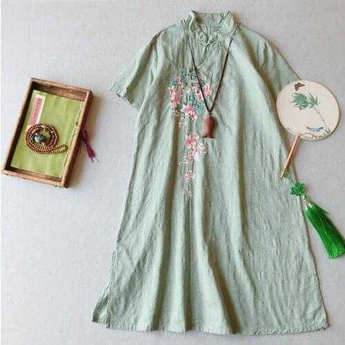 Chinese Style Women Dress Solid Color New Spring Retro Cotton Linen Chinese Style Double Layer Short Sleeve Women Casual Robe