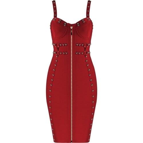 High Quality Celebrity Red Front Zipper Sexy Rayon Bandage Dress Vintage Evening Party Bodycon Dress Vestidos