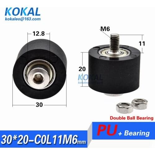 5PCS low noise Screw shaft pulley Synchronous belt machine M6 Screw stainless steel TPU PU soft double roller wheel M6*30*20mm