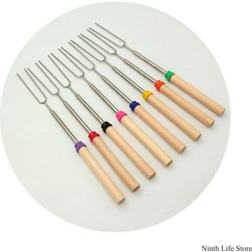 8 pcs Stainless Steel BBQ Skewer Wooden Handle BBQ Needle Reusable Barbecue Meat String Grill Fork Outdoor Cooking Tool