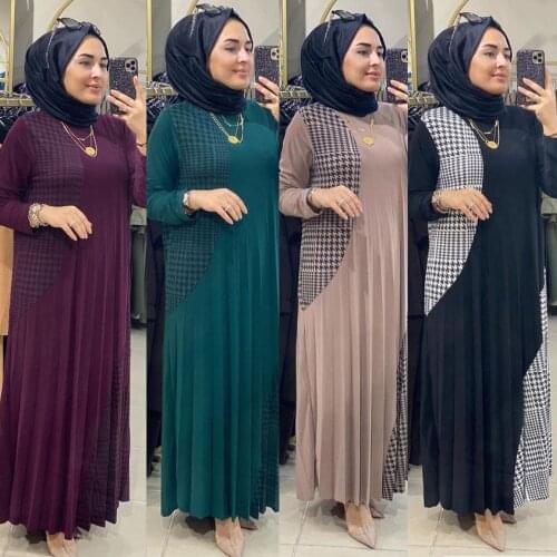 Abaya Muslim Womens Dress Fashion Loose Round Neck Plaid Long Skirt Arab Robe Dubai Turkey Long Shirt Four Seasons New 2021