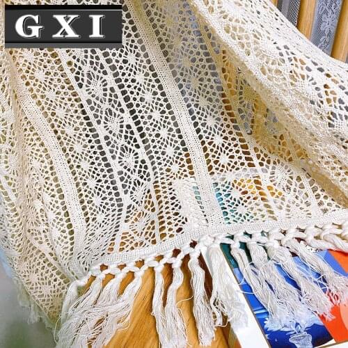 Beige Retro Crochet Hollow Curtain For Living Room Bedroom Cotton Linen Fabric For Window Screen Finished Tulle Curtain