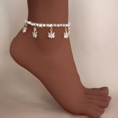 Bohemia Summer Maple Leaf Rhinestone Charm Anklets Shiny Crystal Tennis Anklet for Women Beach Foot Jewelry Leg Chain Bracelets